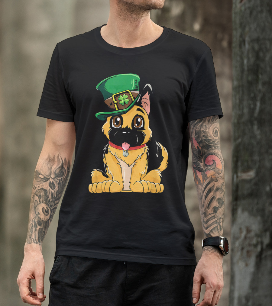 German Shepherd Wearing Leprechaun Hat With Clover T-Shirt