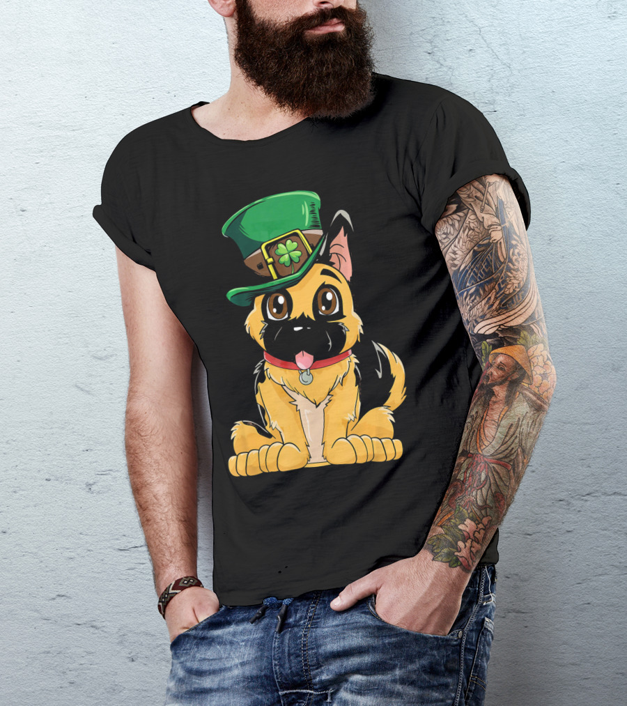 German Shepherd Wearing Leprechaun Hat With Clover T-Shirt