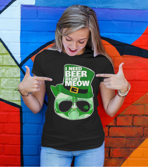 I Need Beer Right Meow Funny St Patricks Day Cat With Green Leprechaun Hat And Sunglasses T-Shirt