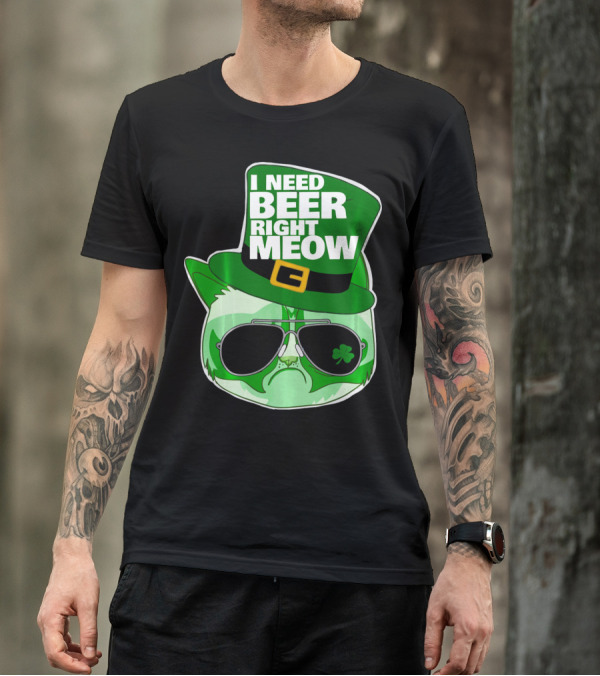 I Need Beer Right Meow Funny St Patricks Day Cat With Green Leprechaun Hat And Sunglasses T-Shirt