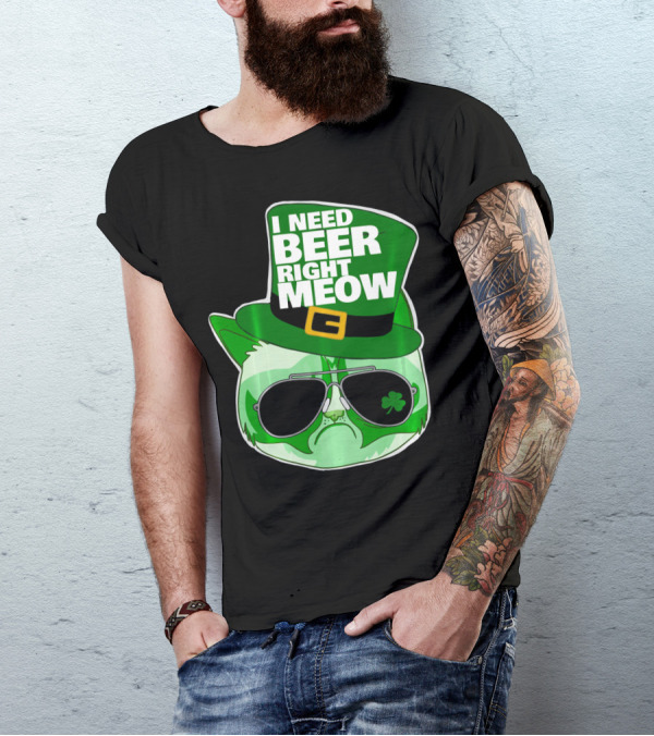 I Need Beer Right Meow Funny St Patricks Day Cat With Green Leprechaun Hat And Sunglasses T-Shirt
