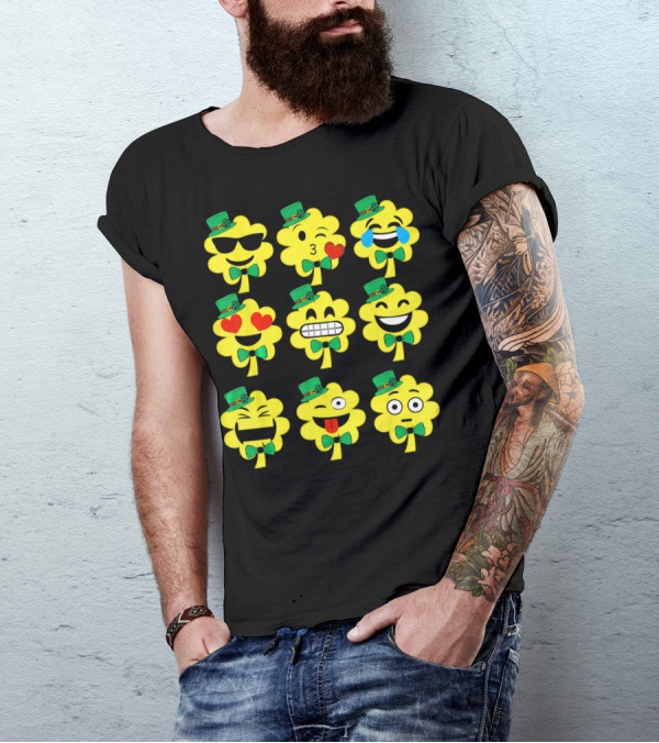St Patricks Day Kids Emoji Shamrock Faces With Top Hats And Bowties T-Shirt