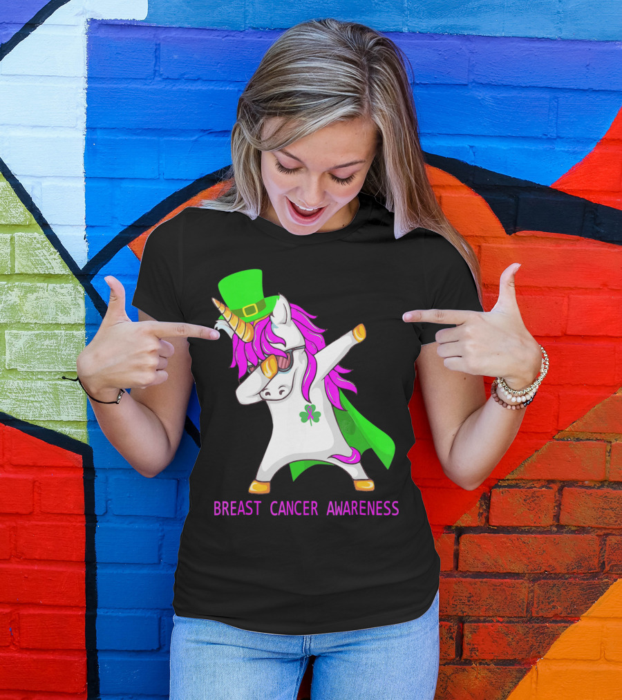 Unicorn Breast Cancer Awareness Dabbing With Green Hat And Clover Patrick T-Shirt