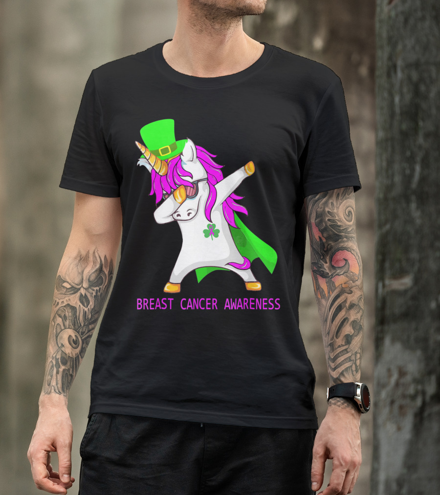 Unicorn Breast Cancer Awareness Dabbing With Green Hat And Clover Patrick T-Shirt