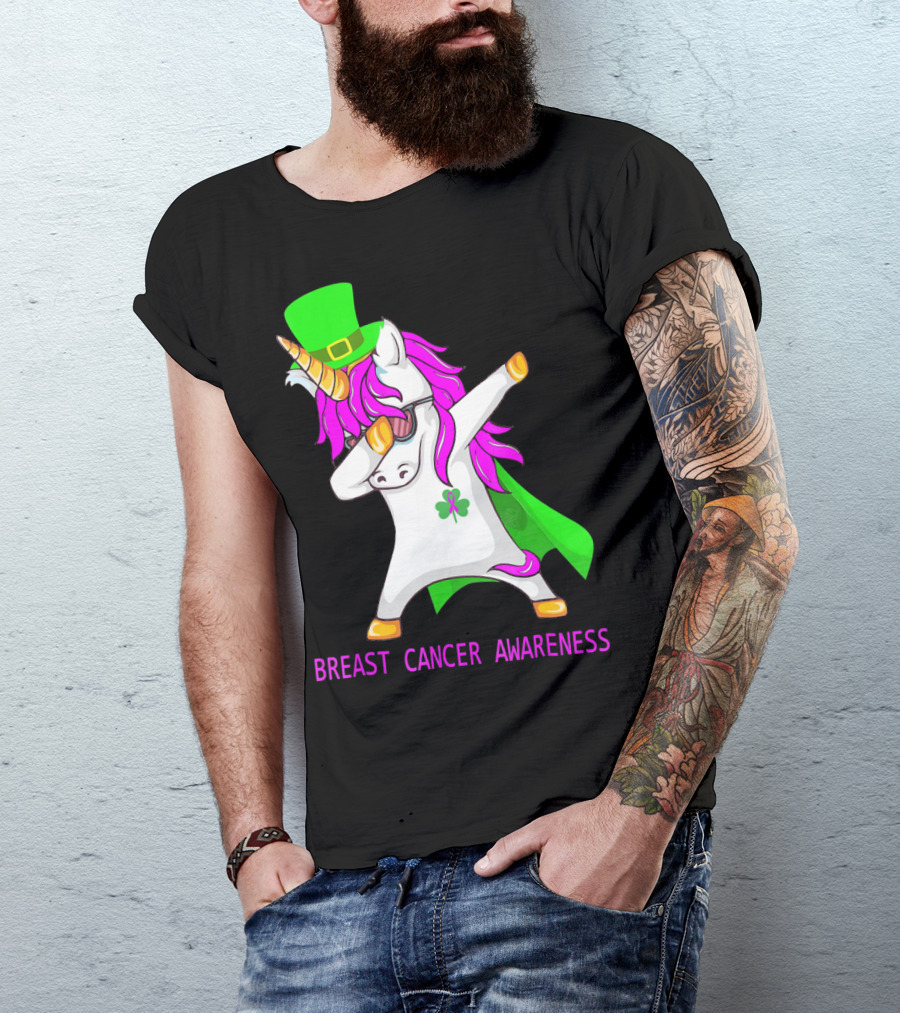 Unicorn Breast Cancer Awareness Dabbing With Green Hat And Clover Patrick T-Shirt