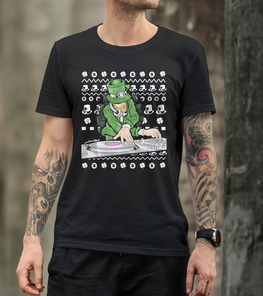 Leprechaun DJ Mixing With Shamrocks And Top Hats T-Shirt
