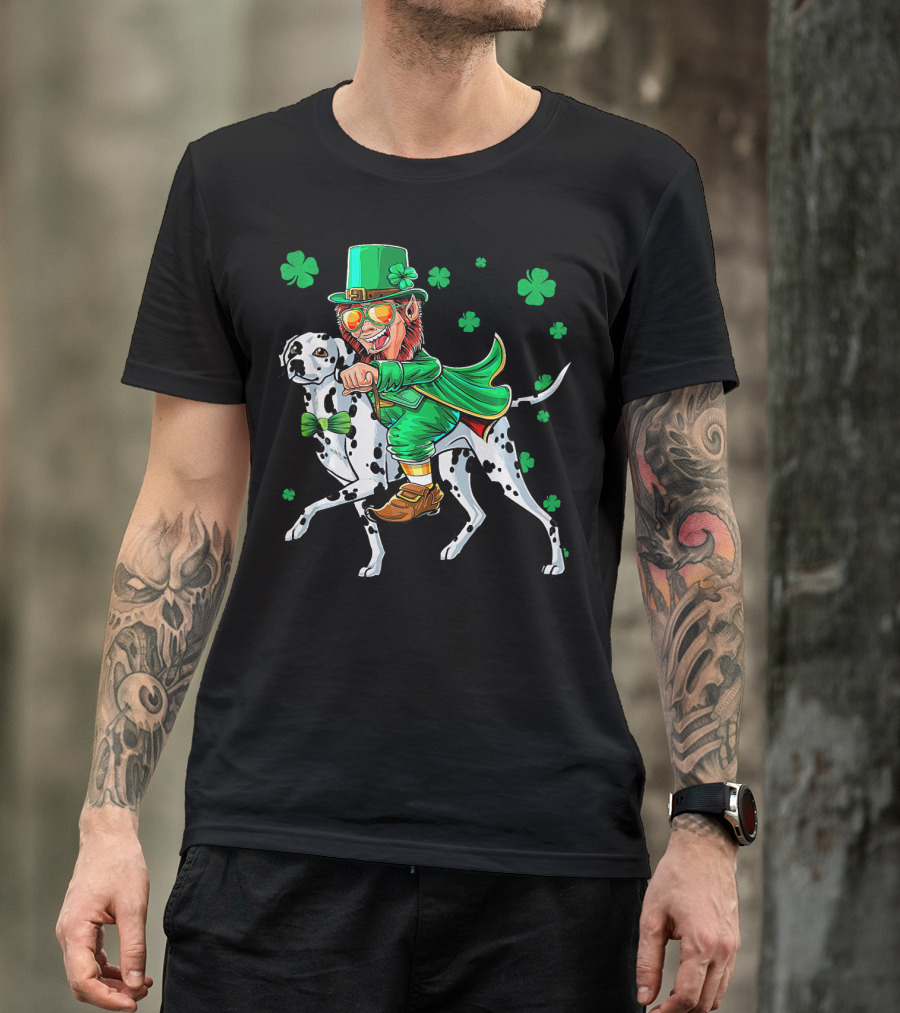Leprechaun Riding Dalmatian With Shamrocks St. Patrick's Day T-Shirt