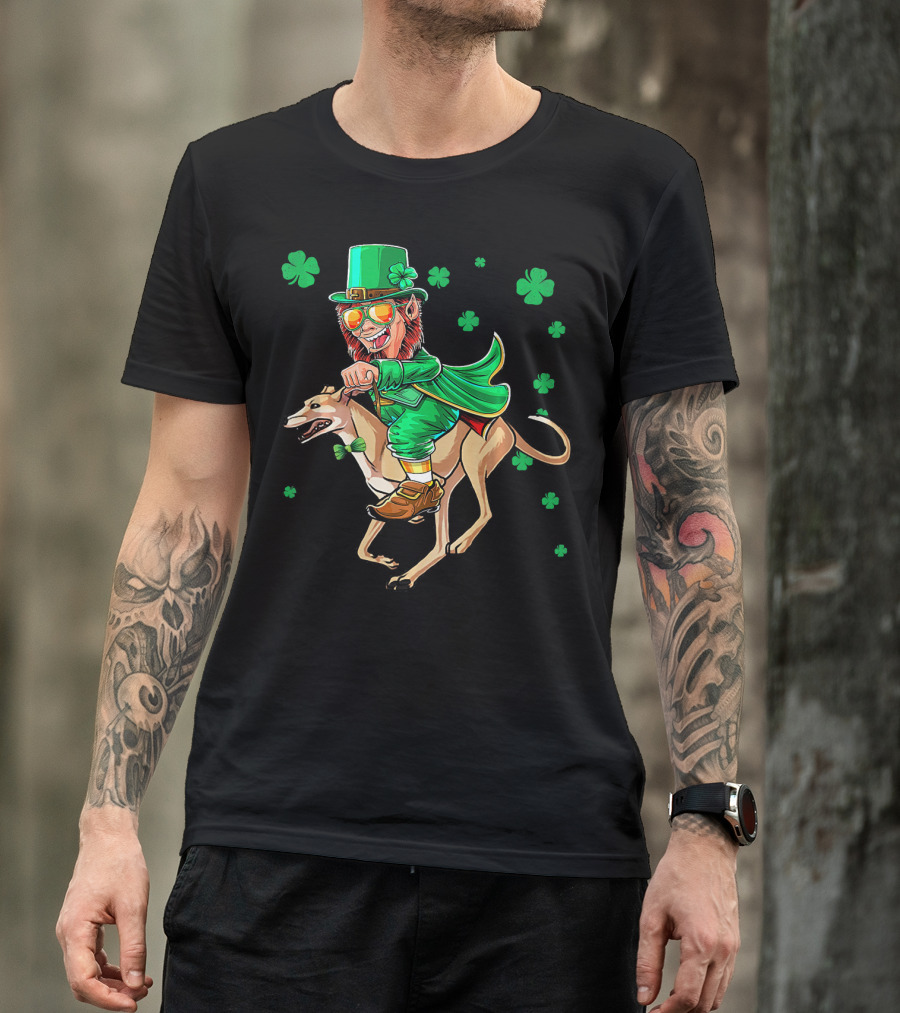 Leprechaun Riding Greyhound With Shamrocks St. Patrick's Day T-Shirt