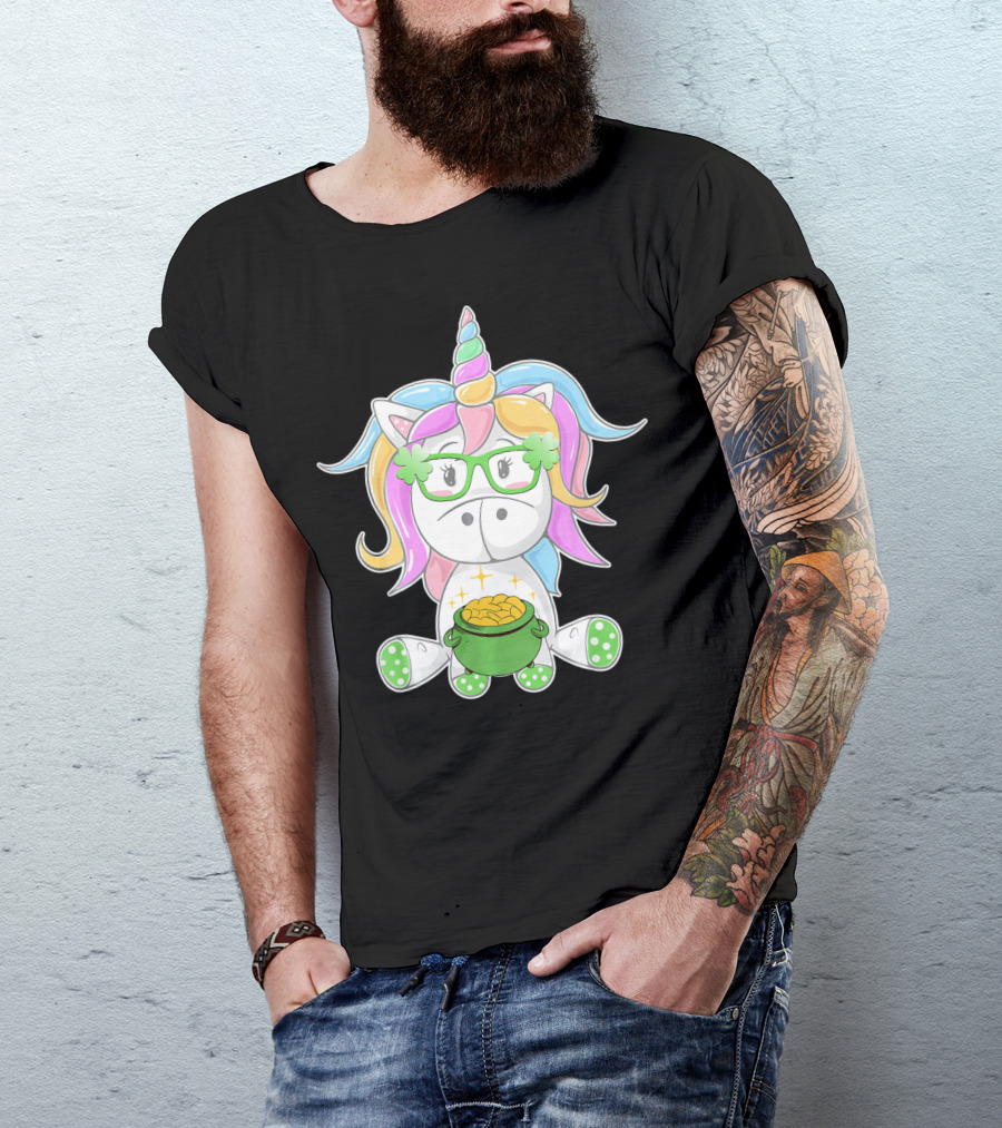 Unicorn Face Saint Patricks Day Shamrock Glasses Pot Of Gold T-Shirt