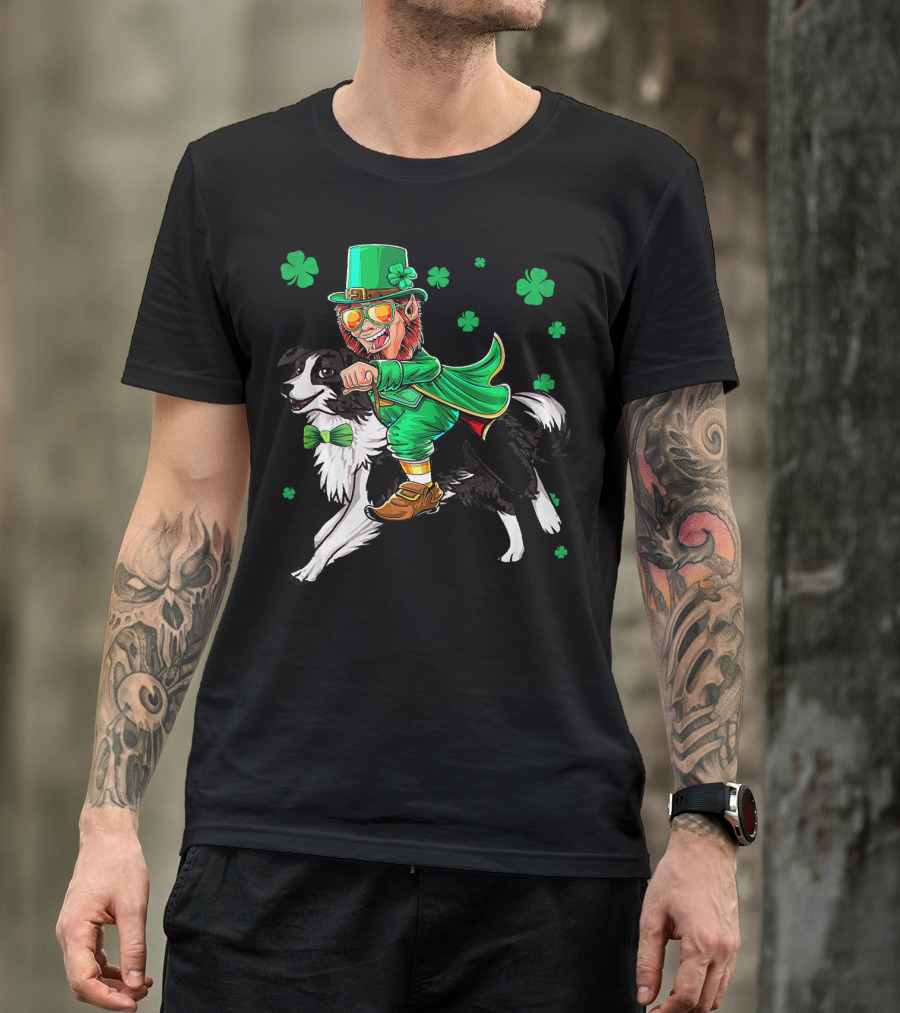 Leprechaun Riding Border Collie With Shamrocks T-Shirt