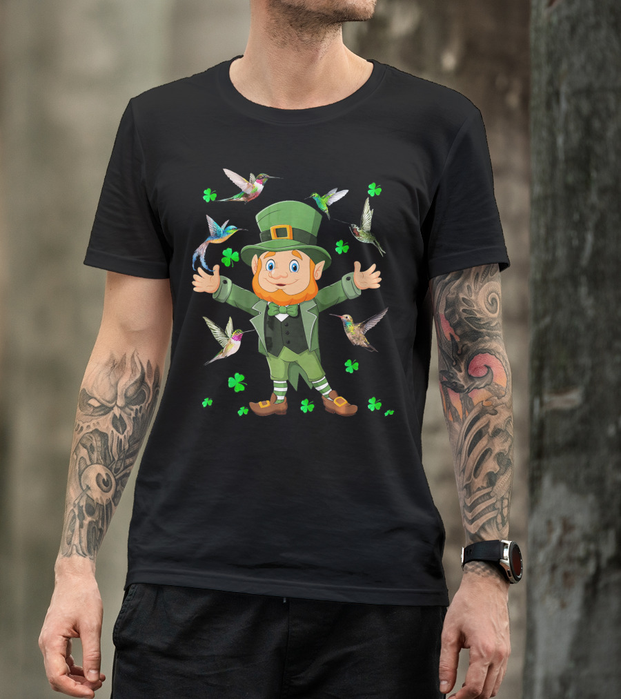 St Patricks Day Leprechaun With Hummingbirds And Shamrocks T-Shirt