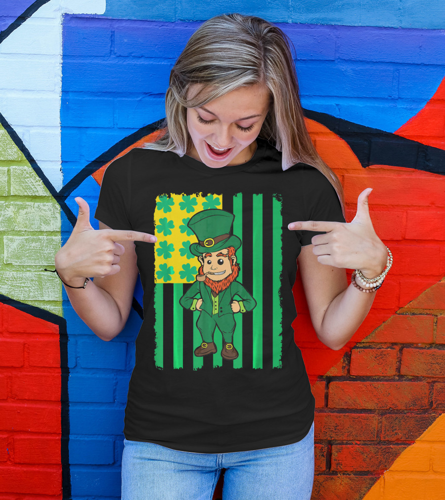 Irish American Leprechaun With Clover Flag T-Shirt