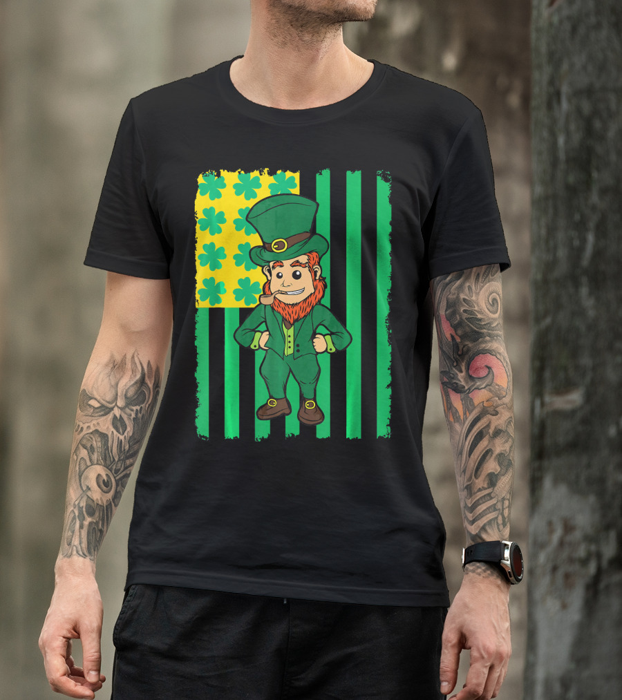 Irish American Leprechaun With Clover Flag T-Shirt