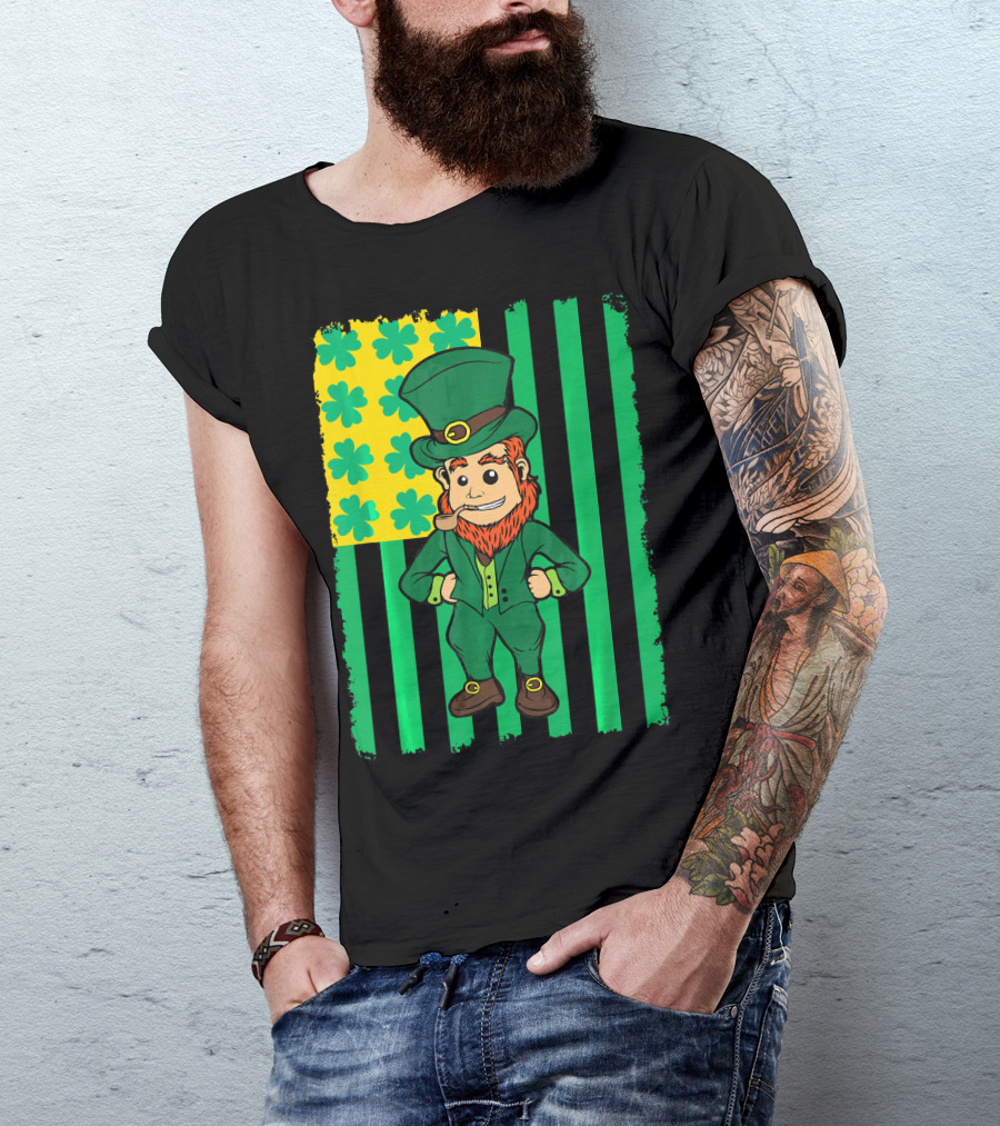 Irish American Leprechaun With Clover Flag T-Shirt