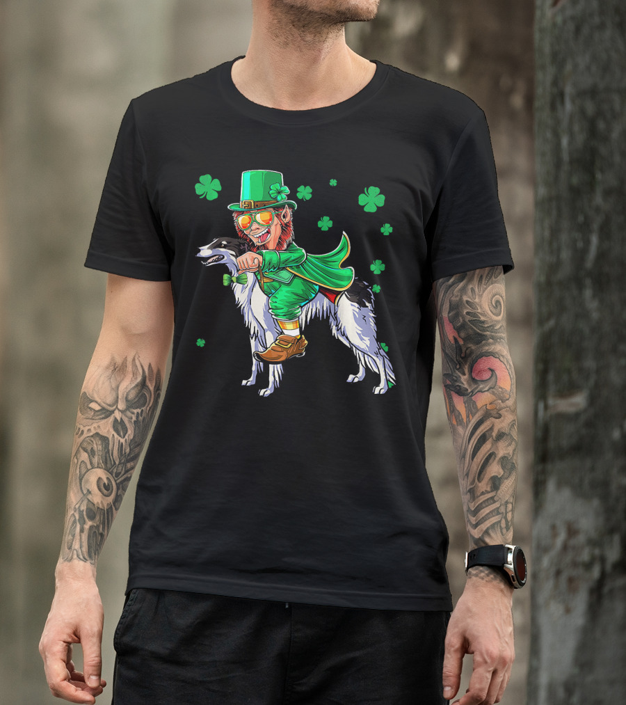 Leprechaun Riding Borzoi With Shamrocks St. Patrick's Day T-Shirt