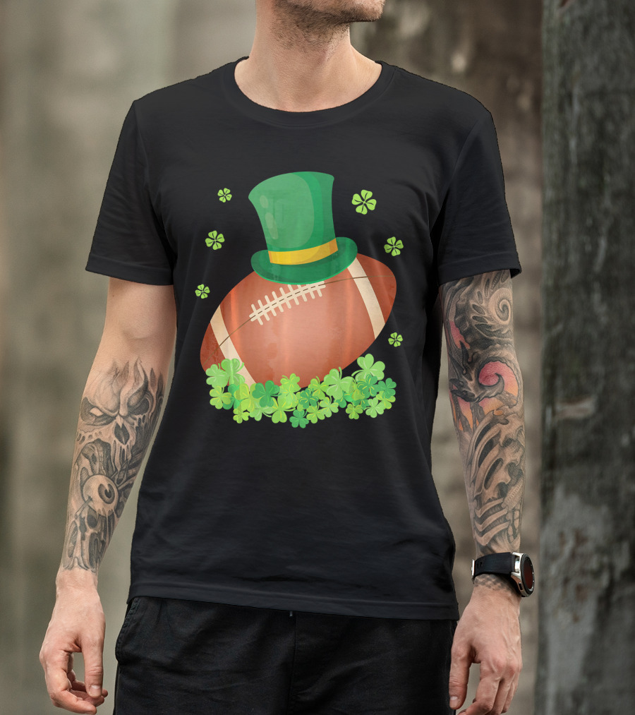 Leprechaun Hat On Football Surrounded By Clovers T-Shirt
