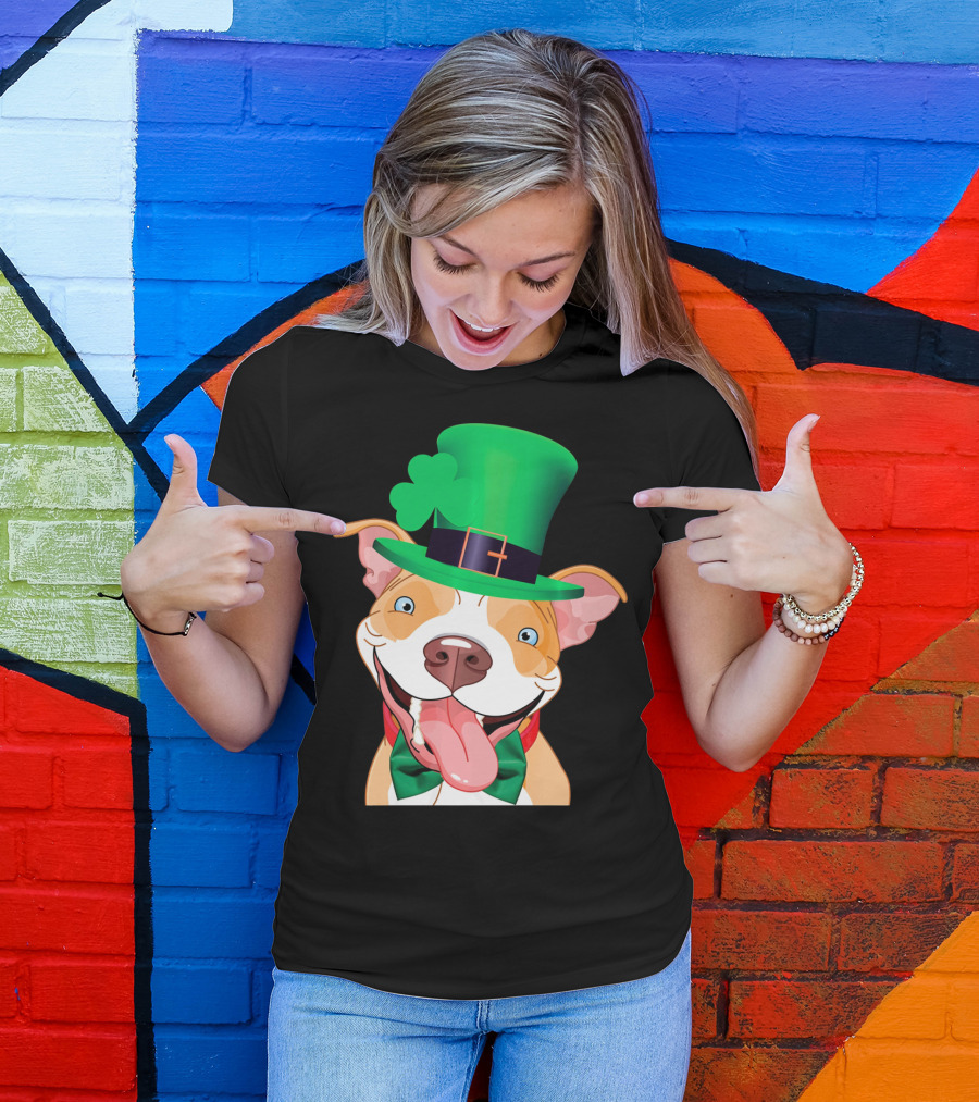 Irish Pitbull St Patricks Day Funny Leprechaun Hat Shamrock T-Shirt