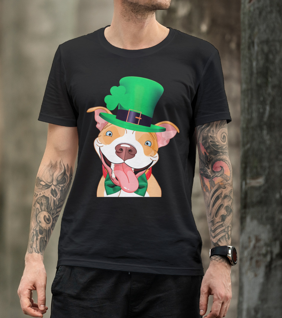 Irish Pitbull St Patricks Day Funny Leprechaun Hat Shamrock T-Shirt