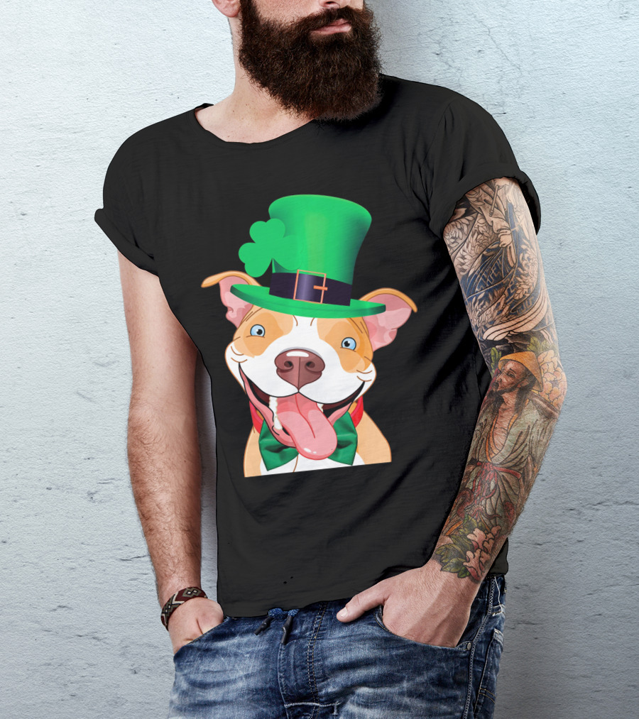 Irish Pitbull St Patricks Day Funny Leprechaun Hat Shamrock T-Shirt