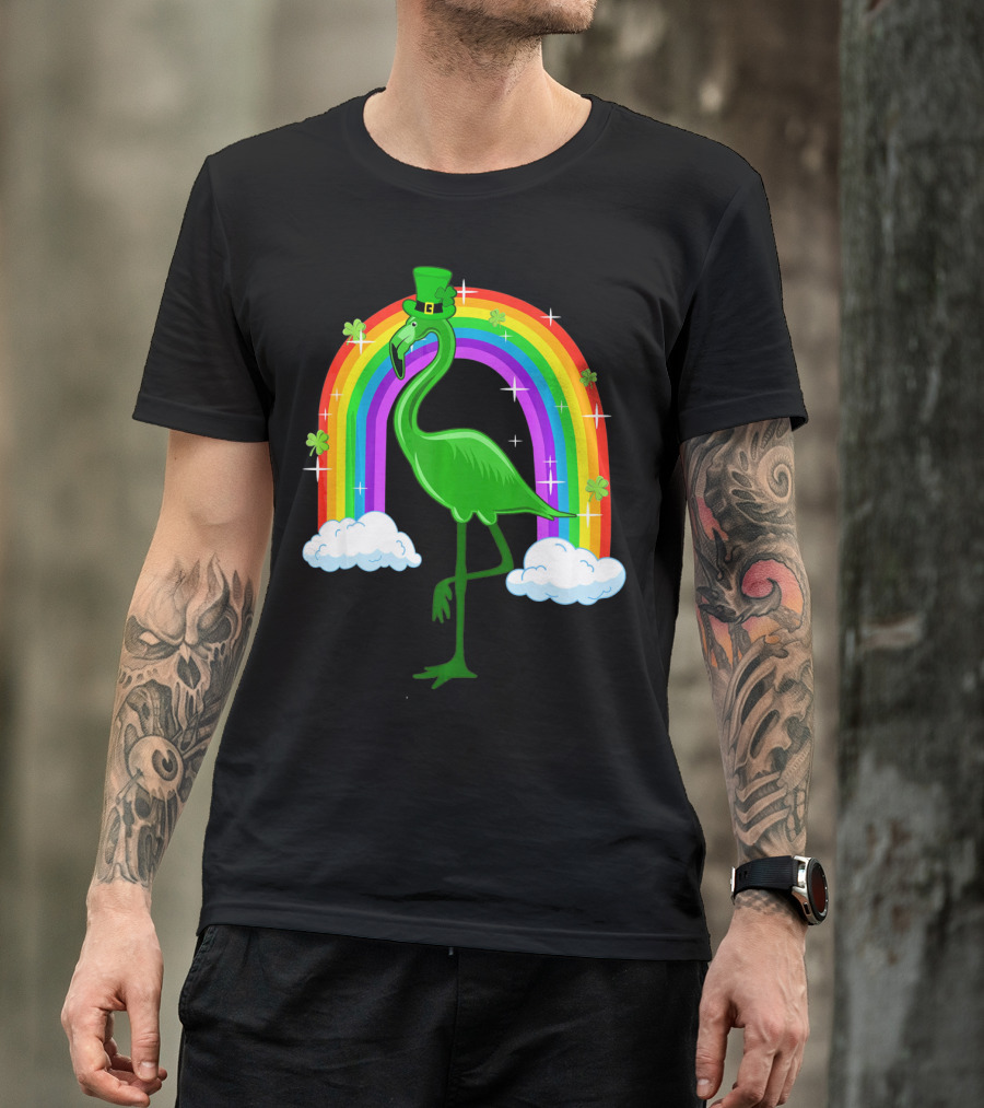 Leprechaun Flamingo With Rainbow And Clovers T-Shirt