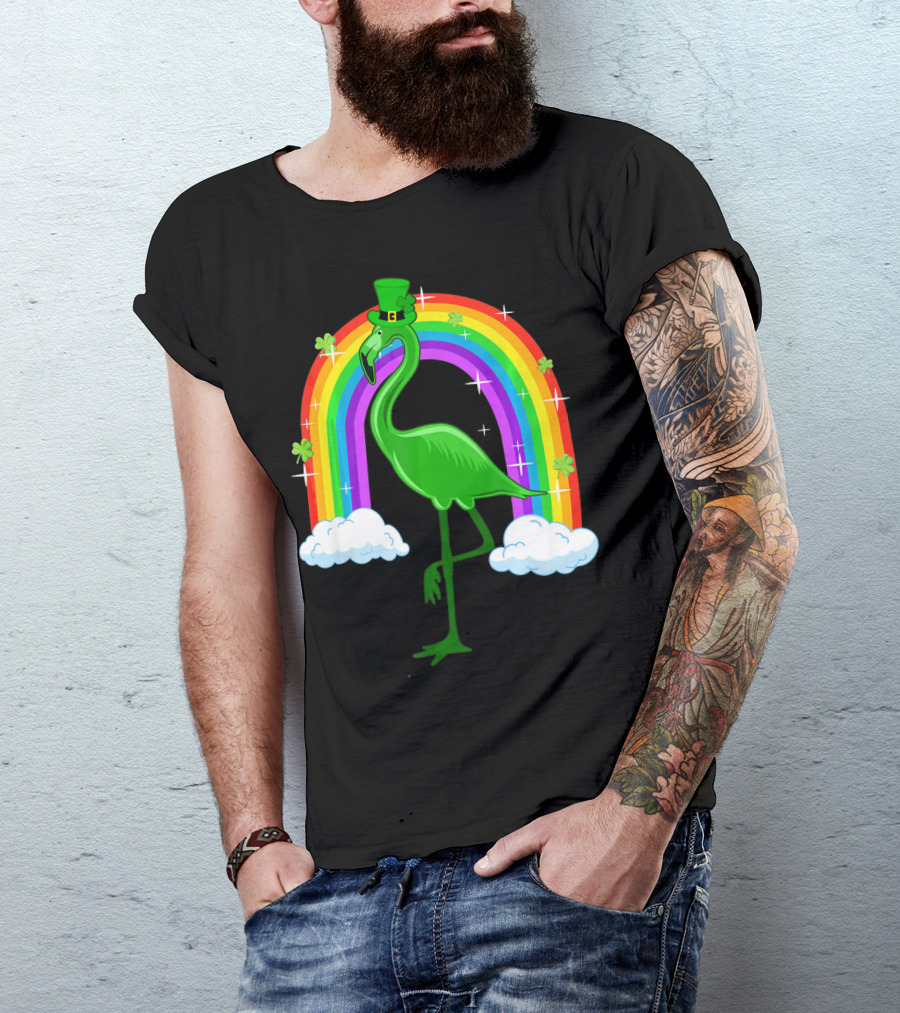 Leprechaun Flamingo With Rainbow And Clovers T-Shirt
