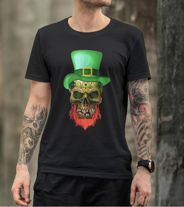 Skull Leprechaun Irish Green Hat Red Beard T-Shirt