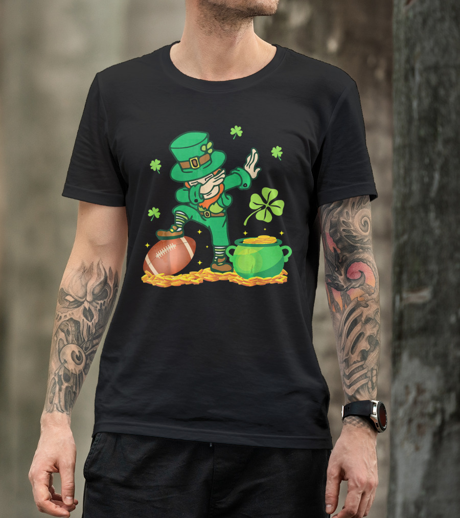 Leprechaun Dabbing With Football Shamrocks And Pot Of Gold T-Shirt