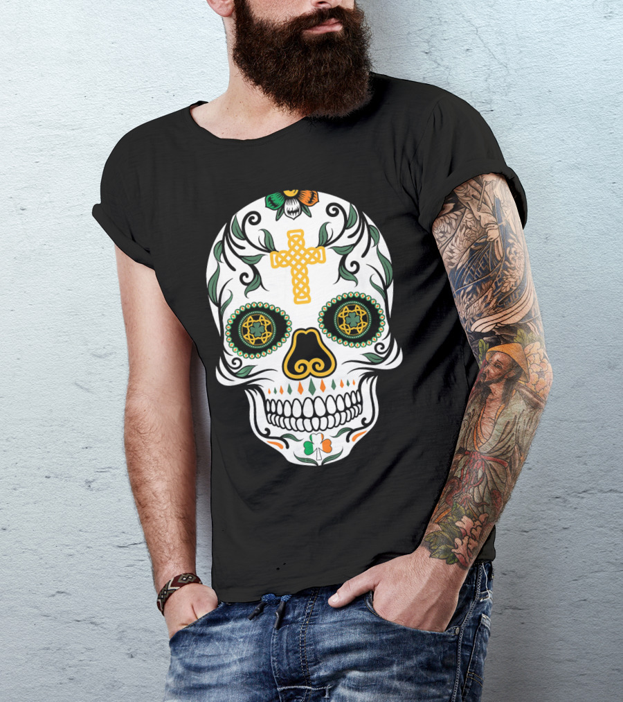Cinco De Mayo Shamrock Sugar Skull Celtic Cross Floral T-Shirt