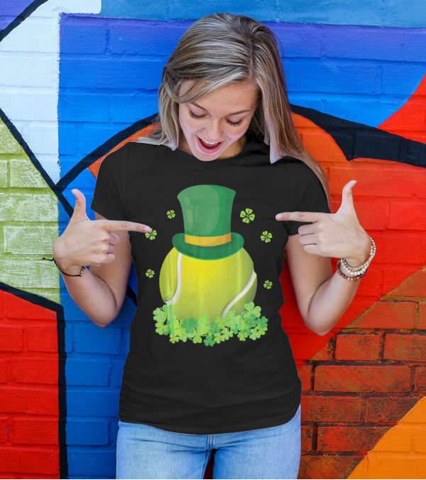 Leprechaun Hat Tennis Ball Surrounded By Shamrocks T-Shirt