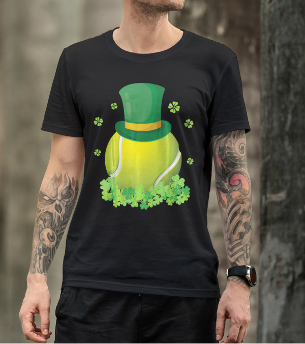 Leprechaun Hat Tennis Ball Surrounded By Shamrocks T-Shirt