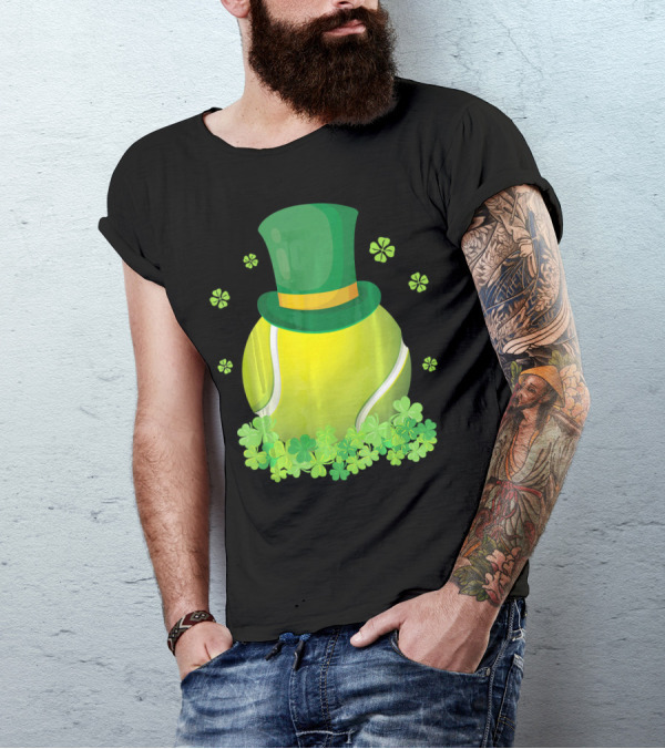Leprechaun Hat Tennis Ball Surrounded By Shamrocks T-Shirt