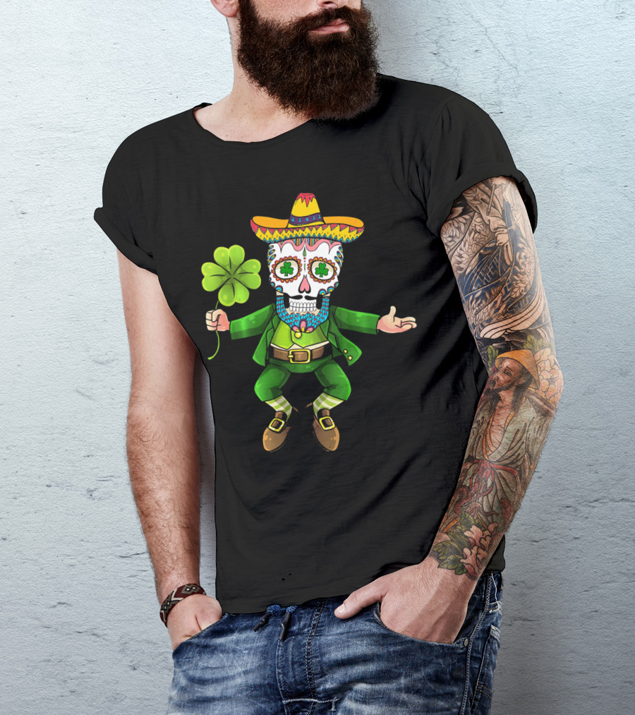 Cinco De Mayo Leprechaun Sugar Skull Sombrero And Shamrock T-Shirt
