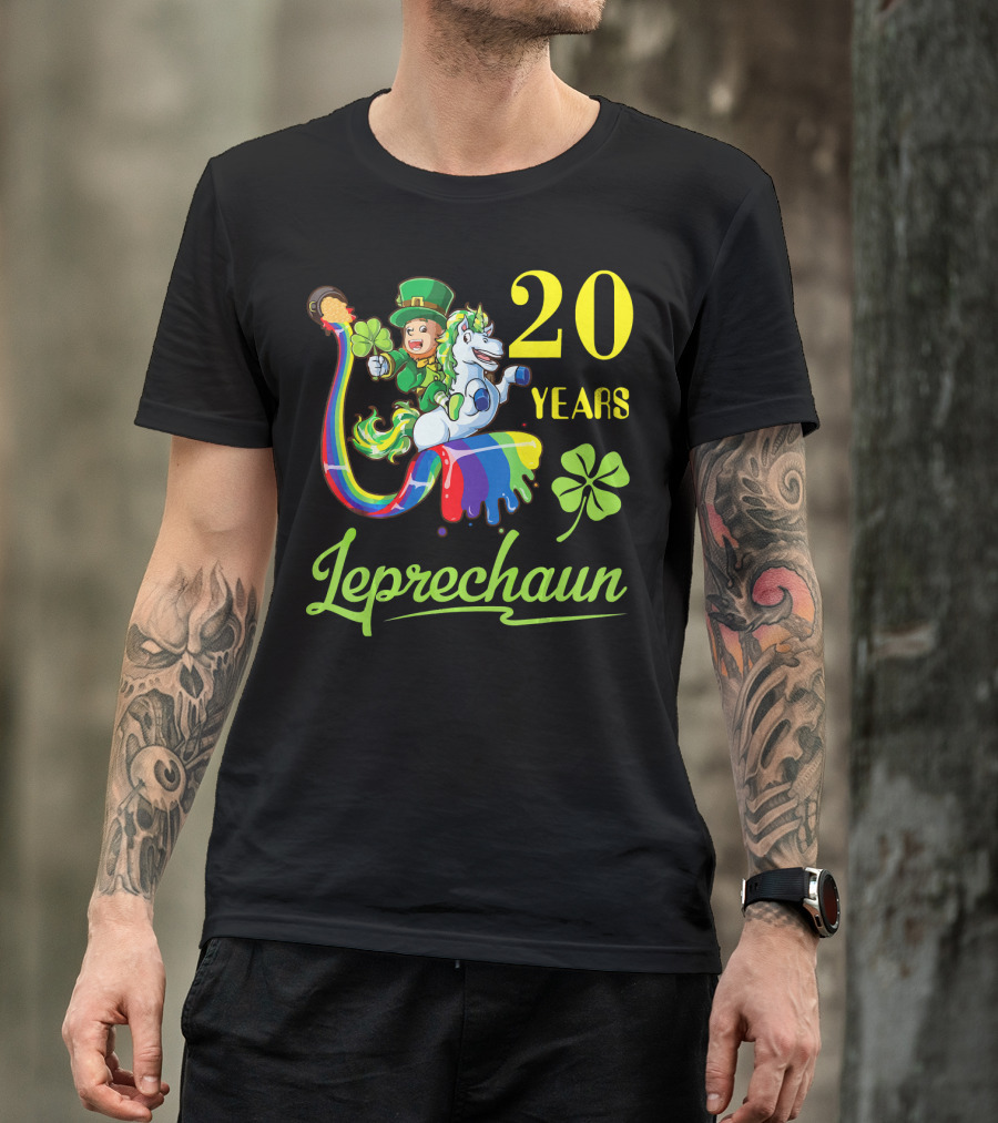 20 Years Leprechaun Riding Unicorn Rainbow Shamrock T-Shirt