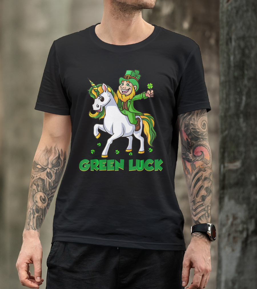 Green Luck Leprechaun Holding Shamrock Riding Unicorn T-Shirt