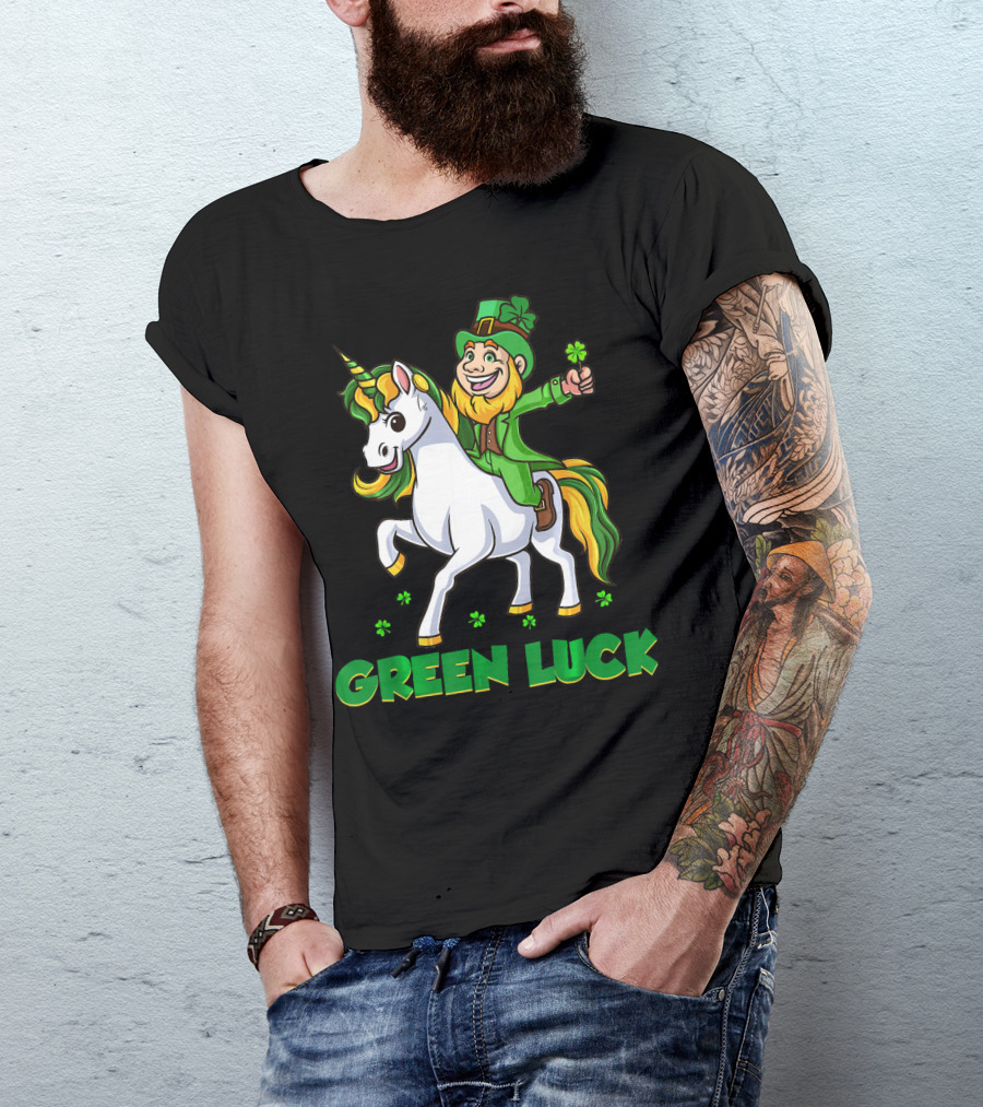 Green Luck Leprechaun Holding Shamrock Riding Unicorn T-Shirt