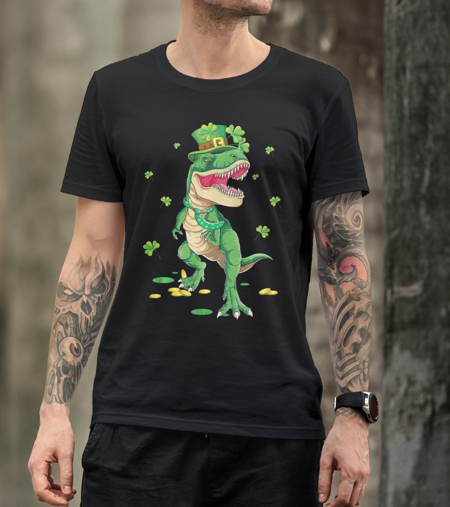 Happy St. Patrick’s Day Dinosaur Leprechaun Shamrocks Gold T-Shirt