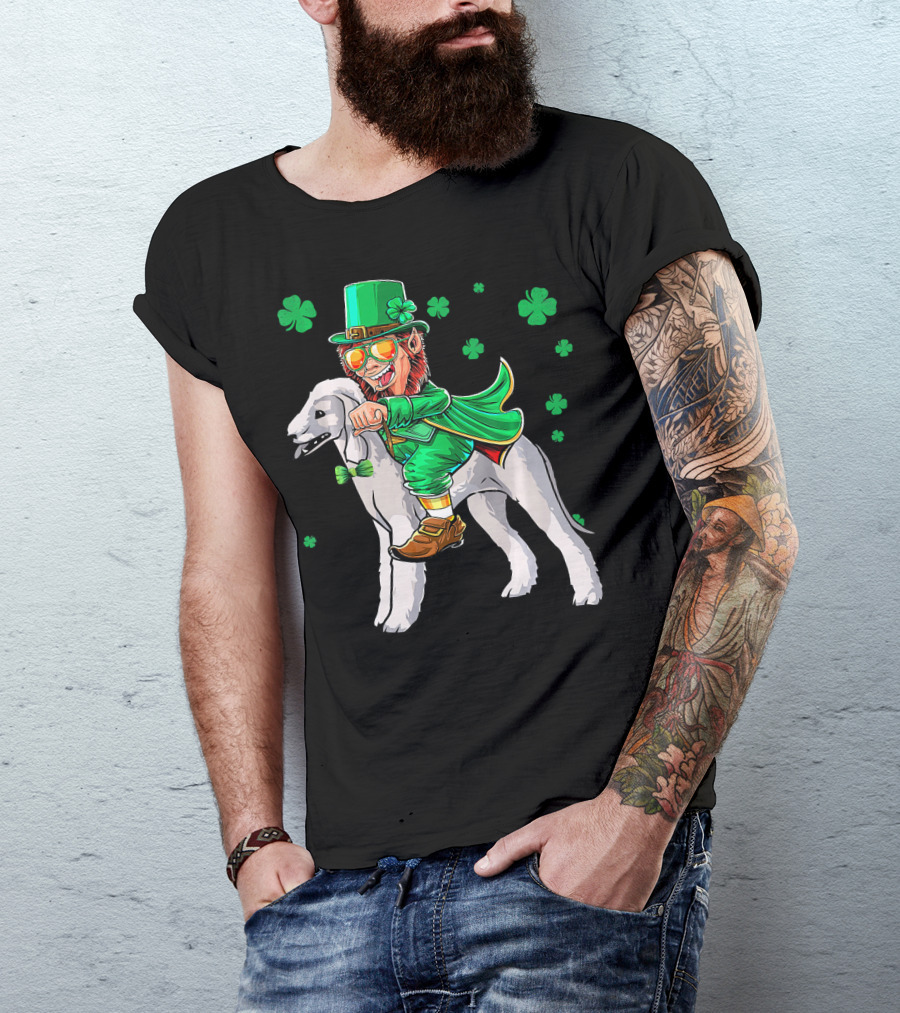 Leprechaun Riding Bedlington Terrier With Shamrock Elements T-Shirt