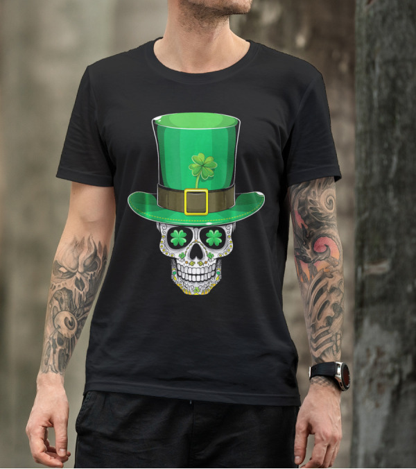 St Patricks Day Shamrock Sugar Skull Leprechaun T-Shirt