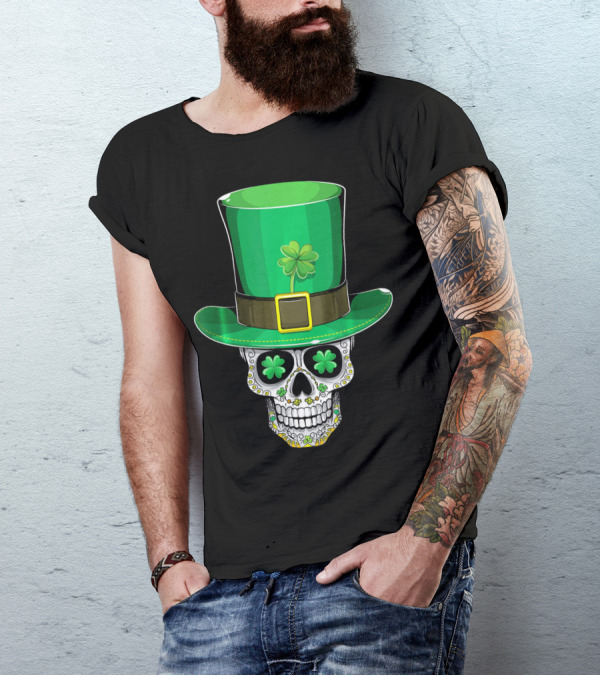 St Patricks Day Shamrock Sugar Skull Leprechaun T-Shirt