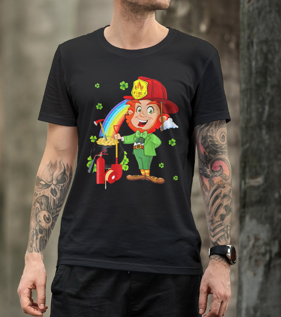 Fire Dept Leprechaun With Pot Of Gold And Rainbow T-Shirt