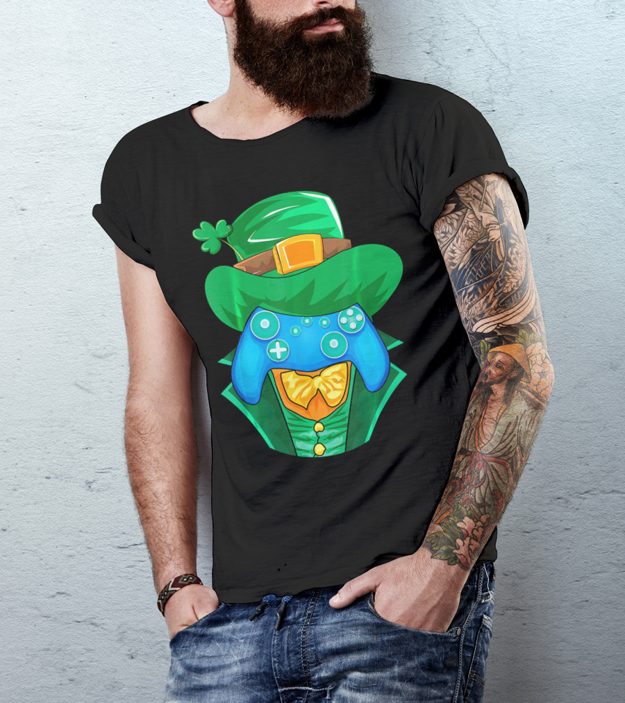 Leprechaun Gamer Controller St Patrick's Day Shamrock Hat Bowtie T-Shirt