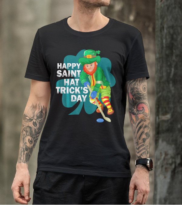 Happy Saint Hat Trick's Day Leprechaun Hockey Player Shamrock Ice T-Shirt