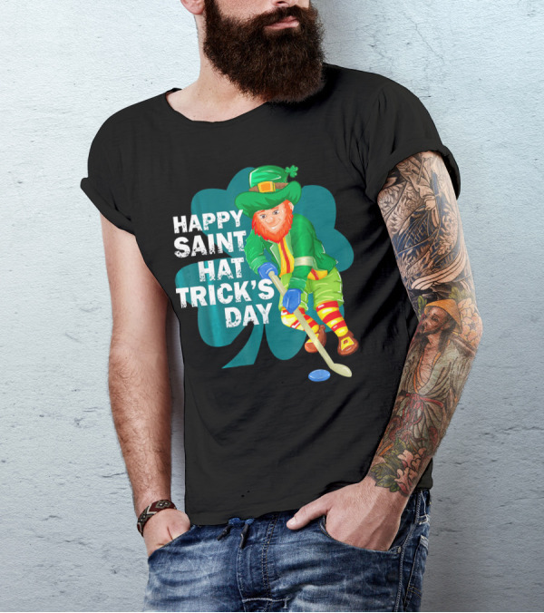 Happy Saint Hat Trick's Day Leprechaun Hockey Player Shamrock Ice T-Shirt