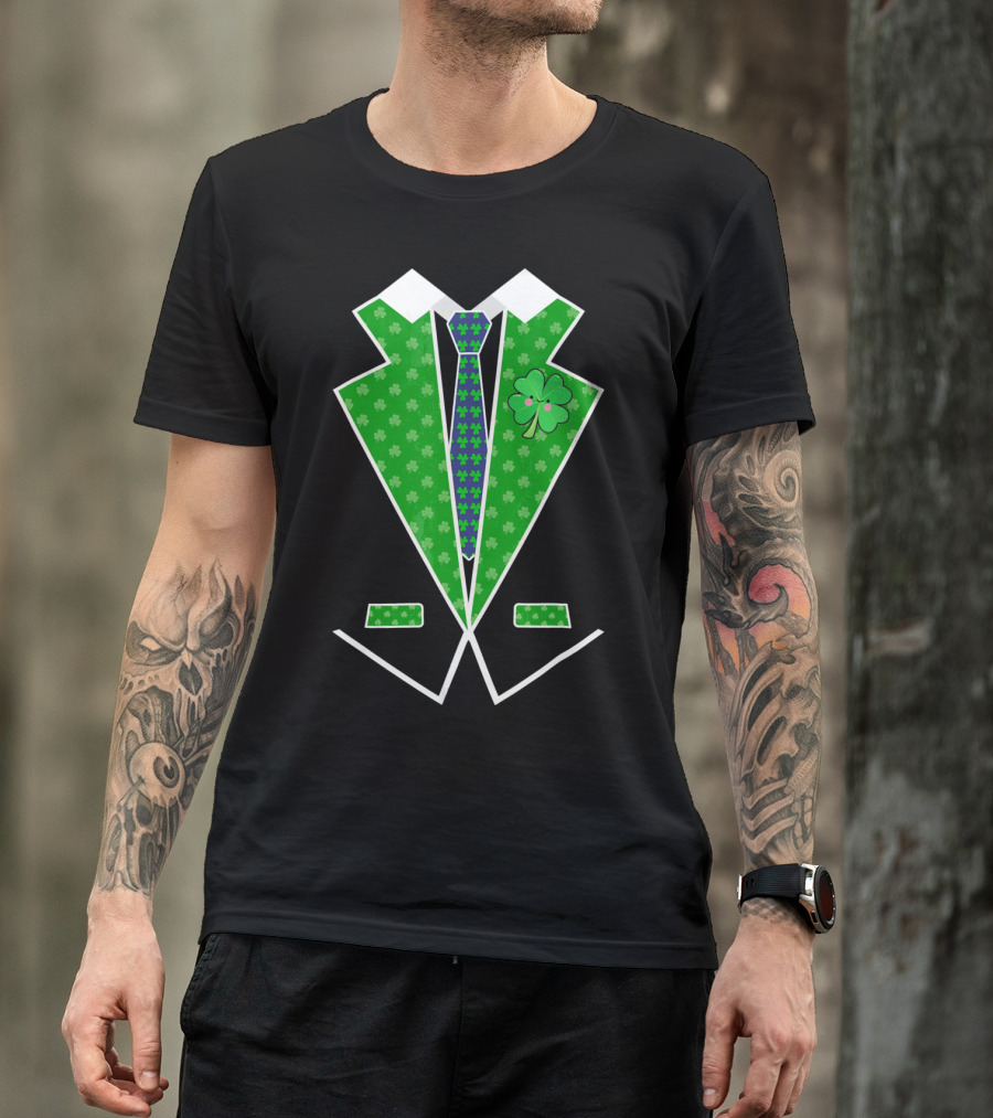 St. Patrick Day Shamrock Vest Tuxedo With Green Tie T-Shirt