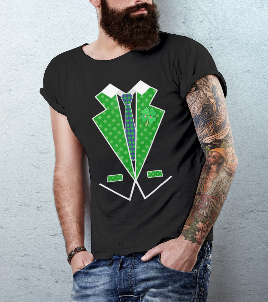 St. Patrick Day Shamrock Vest Tuxedo With Green Tie T-Shirt