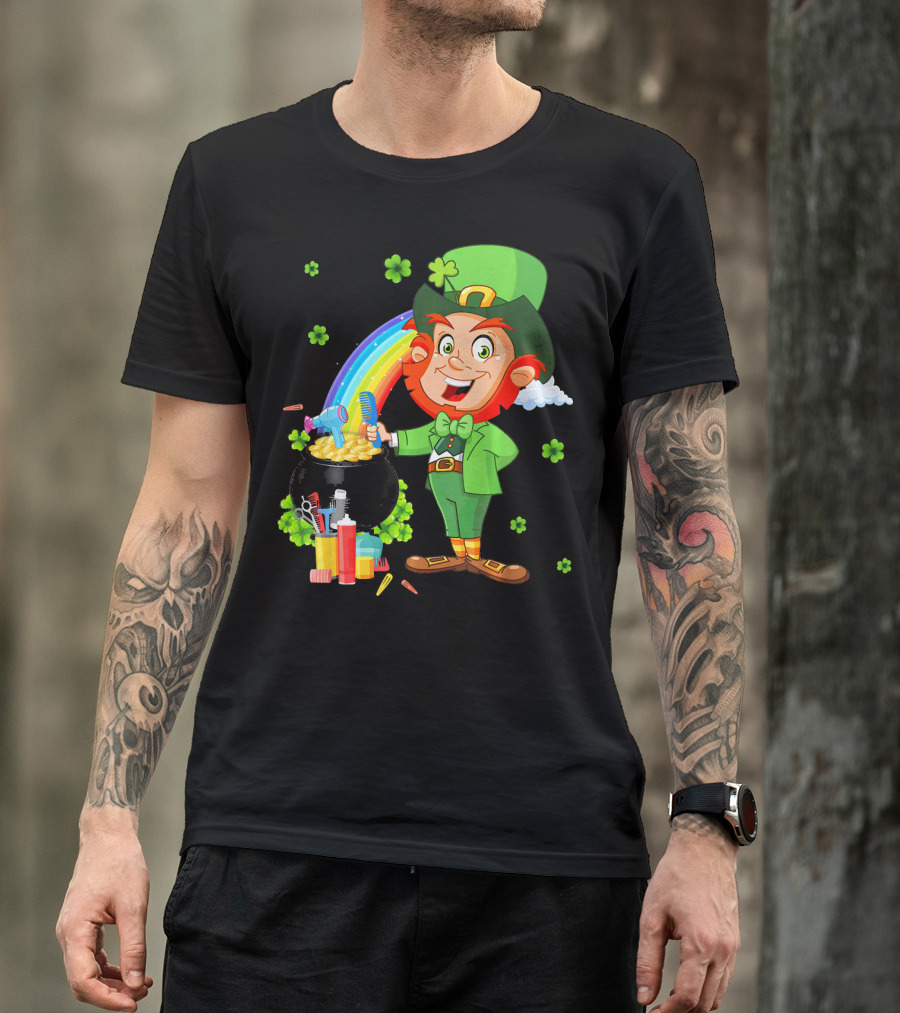 Medical Scrub Hairstylist Leprechaun Pat With Rainbow And Pot Of Gold Barber Tools T-Shirt