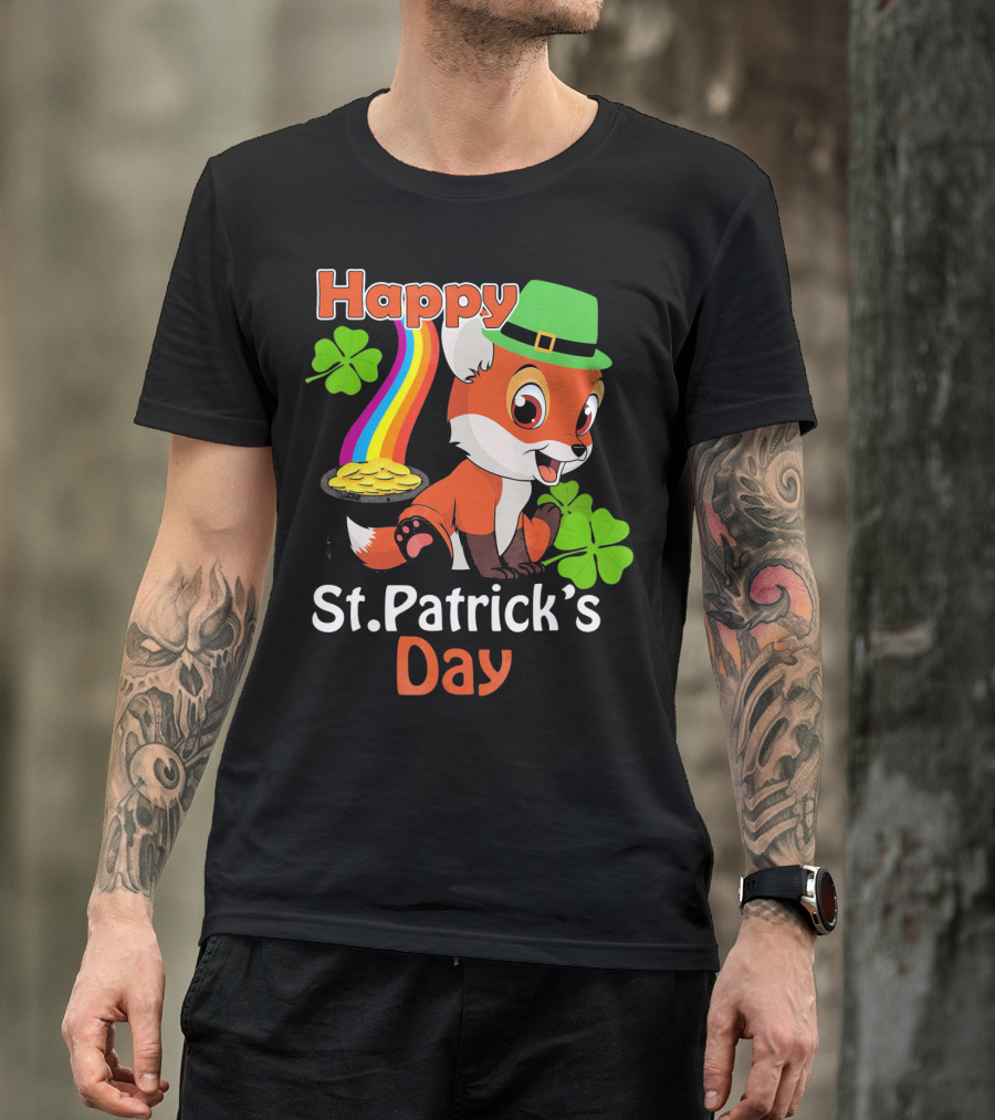 Happy St Patrick's Day Funny Fox Rainbow Clover Gold T-Shirt