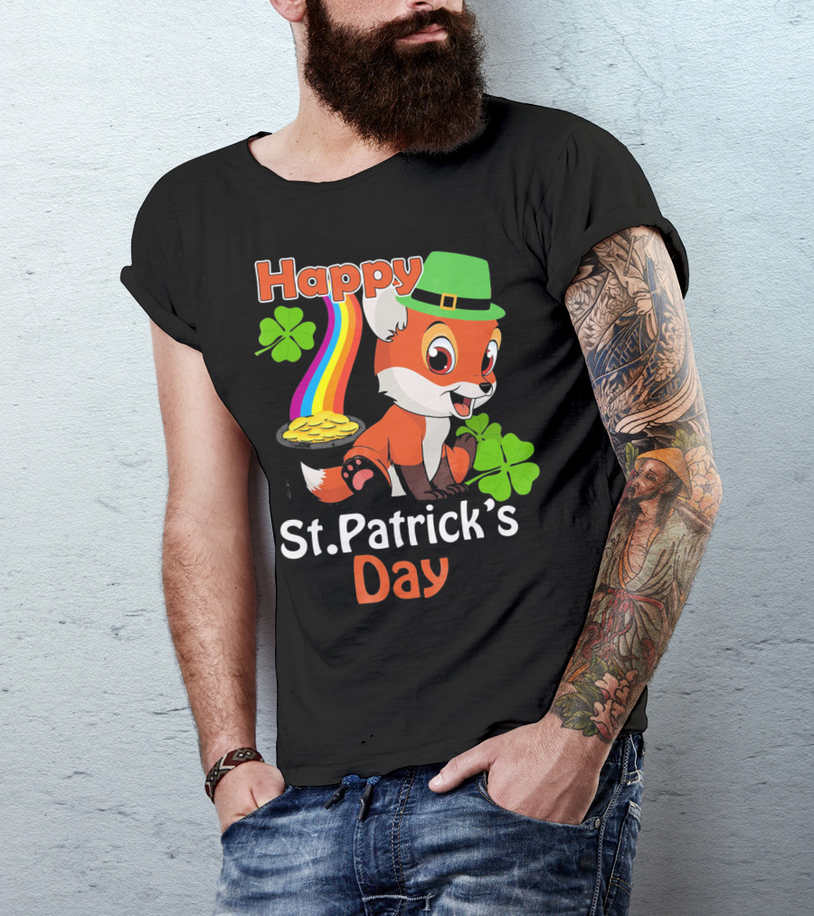 Happy St Patrick's Day Funny Fox Rainbow Clover Gold T-Shirt