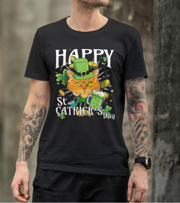 Happy St. Catricks Day Funny St. Patrick Cat Clover Coins T-Shirt