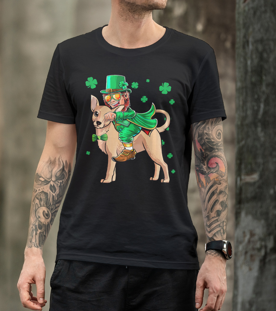 Leprechaun Riding Chihuahua With Shamrocks St. Patrick's Day T-Shirt